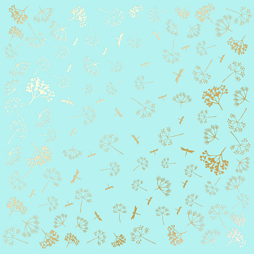 Sheet of single-sided paper with gold foil embossing, pattern Golden Dill Turquoise, 12"x12"