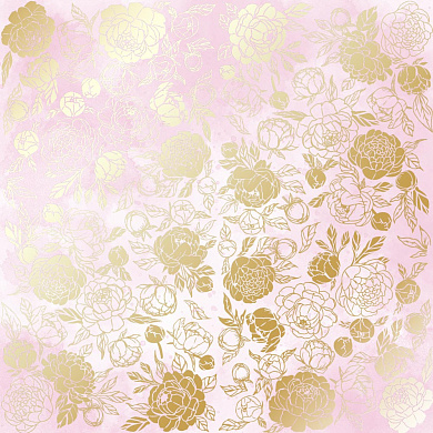 лист односторонней бумаги с фольгированием, дизайн golden peony passion, pink shabby watercolor, 30,5см х 30,5см