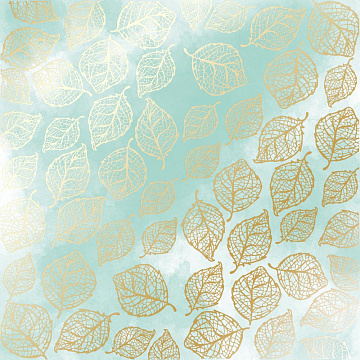 Sheet of single-sided paper with gold foil embossing, pattern Golden Delicate Leaves, color Mint watercolor, 12"x12"