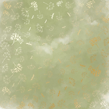 Sheet of single-sided paper with gold foil embossing, pattern Golden Dill, color Olive watercolor, 12"x12"