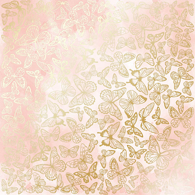 лист односторонней бумаги с фольгированием, дизайн golden butterflies, color vintage pink watercolor, 30,5см х 30,5см