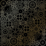 Sheet of single-sided paper with gold foil embossing, pattern Golden Gears Black, 12"x12" 