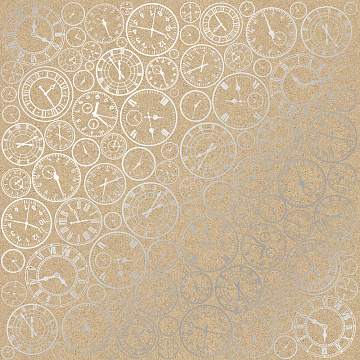 Sheet of single-sided paper embossed with silver foil, pattern Silver Clocks Kraft 12"x12" 