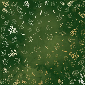 Sheet of single-sided paper with gold foil embossing, pattern Golden Dill, color Green aquarelle, 12"x12"