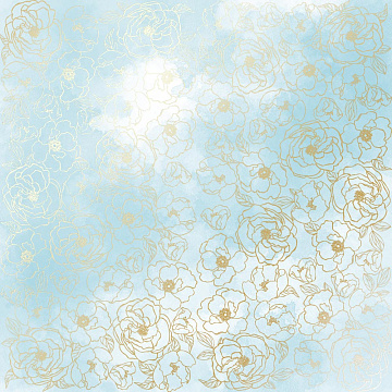 Sheet of single-sided paper with gold foil embossing, pattern Golden Pion, color Azure watercolor, 12"x12"