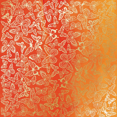 лист односторонней бумаги с фольгированием, дизайн golden butterflies, color yellow-orange aquarelle, 30,5см х 30,5см