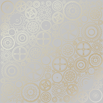 Sheet of single-sided paper with gold foil embossing, pattern Golden Gears Gray, 12"x12" 