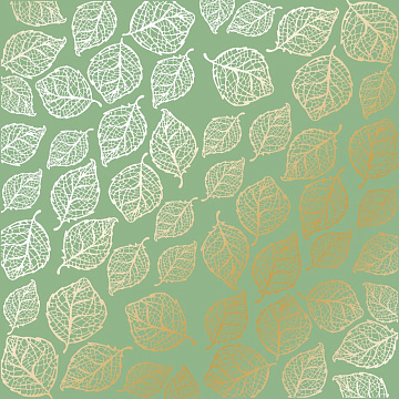 Blatt aus einseitigem Papier mit Goldfolienprägung, Muster Golden Delicate Leaves, Farbe Avocado, 12"x12"