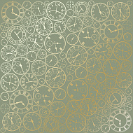 лист односторонней бумаги с фольгированием, дизайн golden clocks olive, 30,5см х 30,5см
