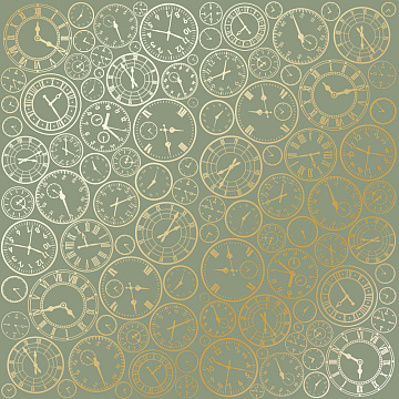 Sheet of single-sided paper with gold foil embossing, pattern Golden Clocks Olive 12"x12" 