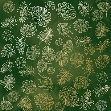 Sheet of single-sided paper with gold foil embossing, pattern Golden Tropical Leaves, color Green aquarelle, 12"x12"