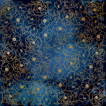 Sheet of single-sided paper with gold foil embossing, pattern Golden Pion Night garden, 12"x12"