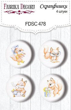 Set mit 4 Flair-Buttons zum Scrapbooking. Lustiger Fuchsjunge #478