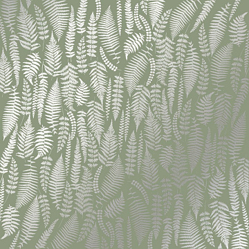 Sheet of single-sided paper embossed with silver foil, pattern Silver Fern, color Olive 12"x12" 
