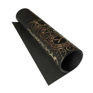 Piece of PU leather for bookbinding with gold pattern Golden Clocks Black, 50cm x 25cm