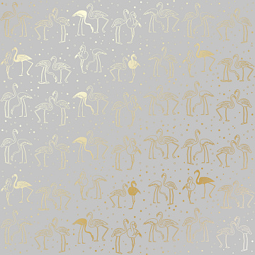 Sheet of single-sided paper with gold foil embossing, pattern Golden Flamingo Gray, 12"x12"