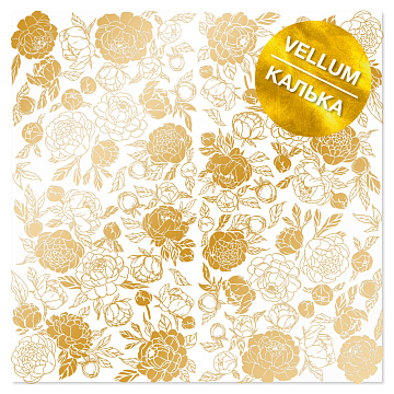 Gold foil vellum sheet, pattern Golden Peony Passion 12"x12"