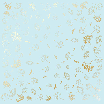 Sheet of single-sided paper with gold foil embossing, pattern Golden Dill Blue, 12"x12"