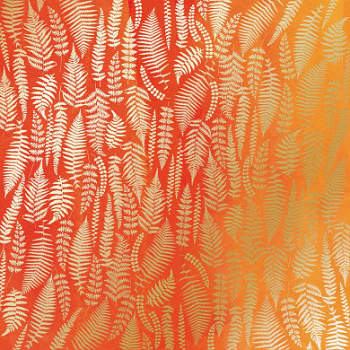 лист односторонней бумаги с фольгированием, дизайн golden fern, yellow-orange aquarelle, 30,5см х 30,5см