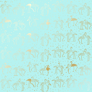 Sheet of single-sided paper with gold foil embossing, pattern Golden Flamingo Turquoise, 12"x12"