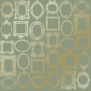 Sheet of single-sided paper with gold foil embossing, pattern "Golden Frames Olive"