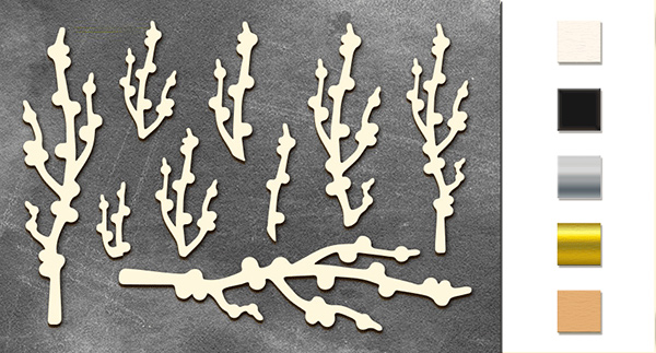 Chipboard embellishments set,  "Twigs with buds" #045