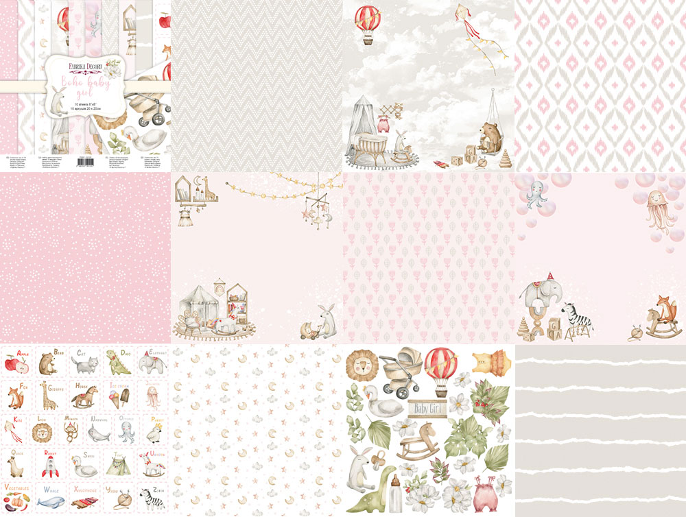 Double-sided scrapbooking paper set Boho baby girl 8"x8", 10 sheets - foto 0