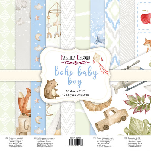 Double-sided scrapbooking paper set Boho baby boy 8"x8", 10 sheets