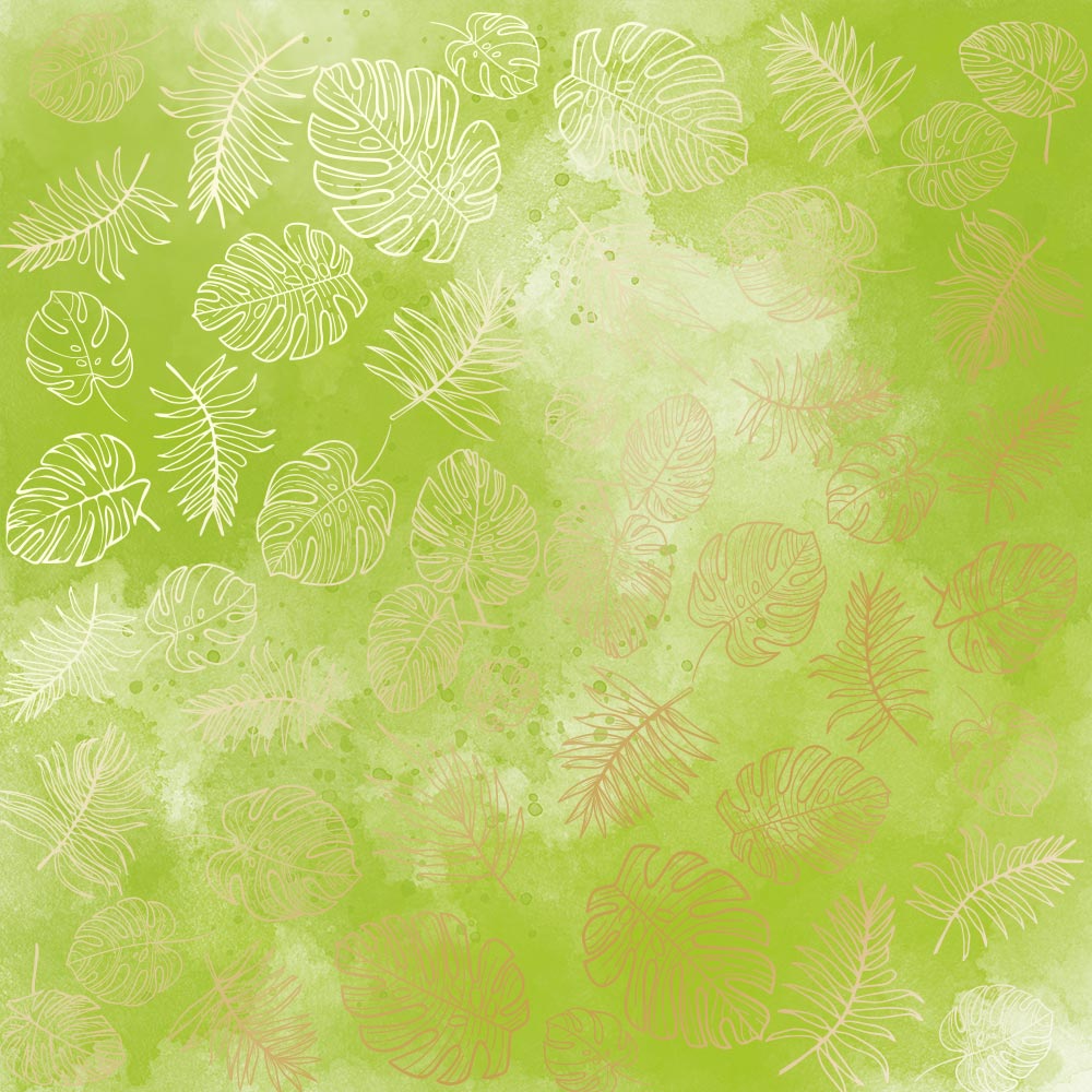 Blatt aus einseitigem Papier mit Goldfolienprägung, Muster Golden Tropical Leaves, Farbe Hellgrüne Aquarellfarbe, 12"x12" - Fabrika Decoru