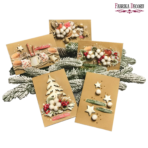 Bastelset für 5 Grußkarten "Sweet Christmas" 10cm x 15cm mit Anleitungen von Svetlana Kovtun, kraft - Fabrika Decoru