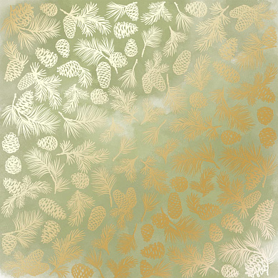 лист односторонней бумаги с фольгированием, дизайн golden pine cones olive watercolor, 30,5см х 30,5см